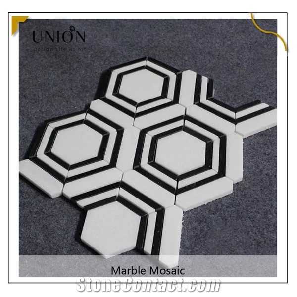UNION DECO Black Mix White Color Wall Backsplash Hexagon Mosaic Tile