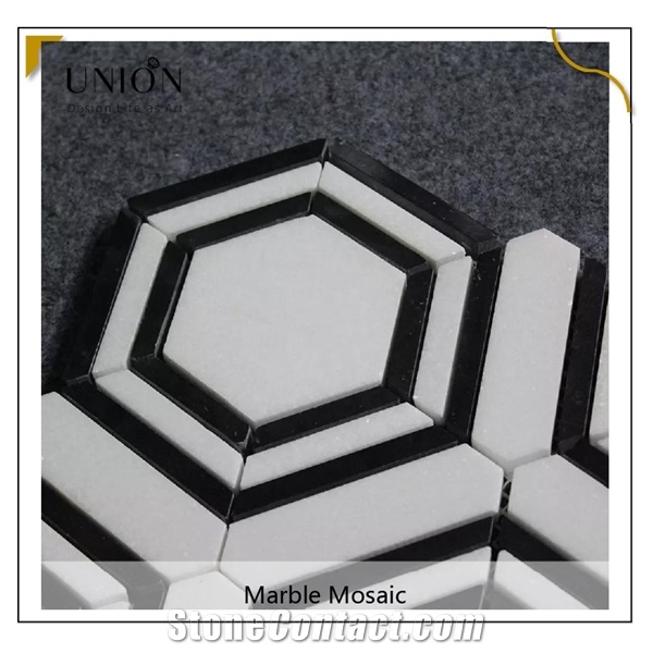 UNION DECO Black Mix White Color Wall Backsplash Hexagon Mosaic Tile