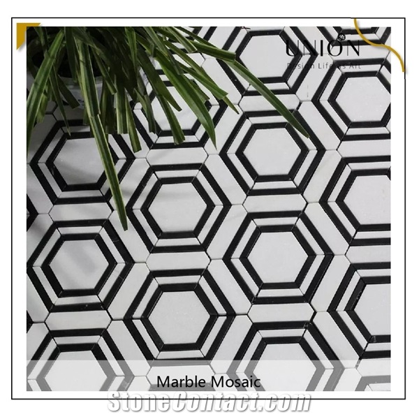 UNION DECO Black Mix White Color Wall Backsplash Hexagon Mosaic Tile