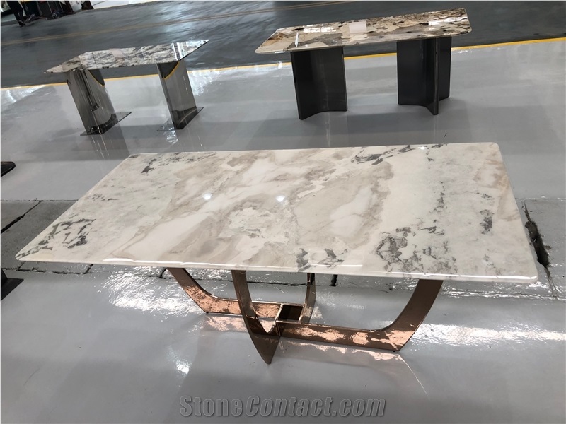 Picasso  White Marble Dover Cream Marble Dining Table Top