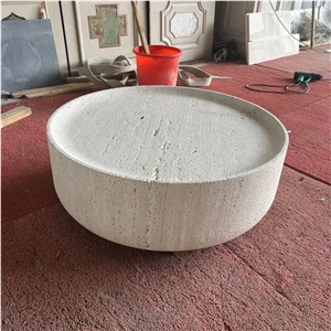 Alo Cylinder Travertine Drum Side Table Silver Travertine