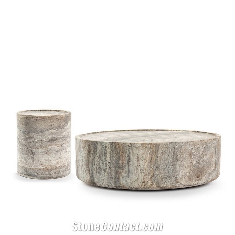 Alo Cylinder Travertine Drum Side Table Silver Travertine