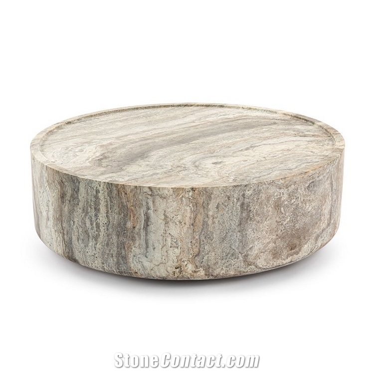 Alo Cylinder Travertine Drum Side Table Silver Travertine