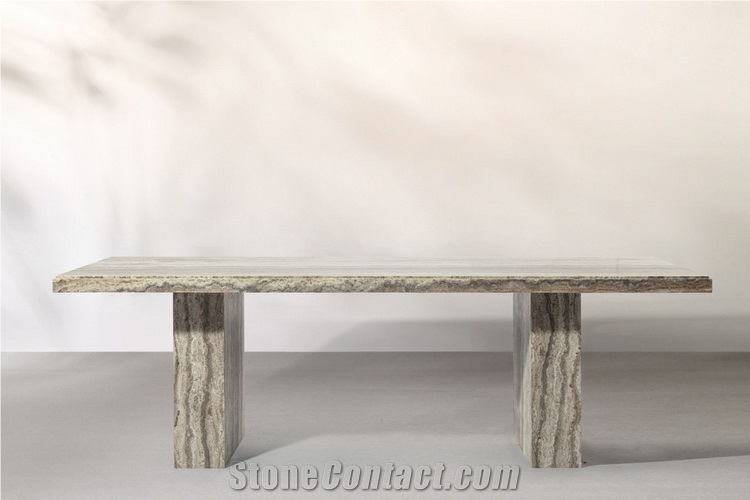 August Rectangle Beige Travertine Dining Table Block Legs