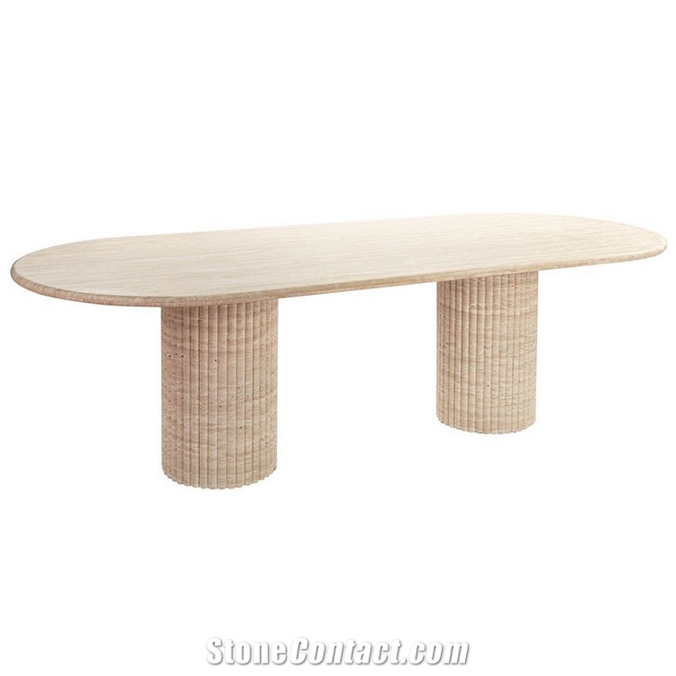 Cava Fluted Oval Beige Travertine Dining Table
