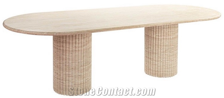 Cava Fluted Oval Beige Travertine Dining Table