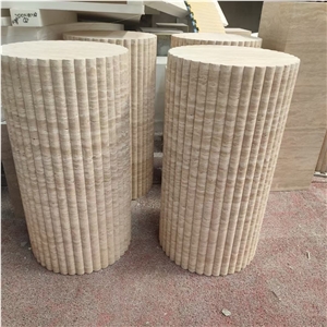 Cava Fluted Round Beige Travertine Drum Side Table