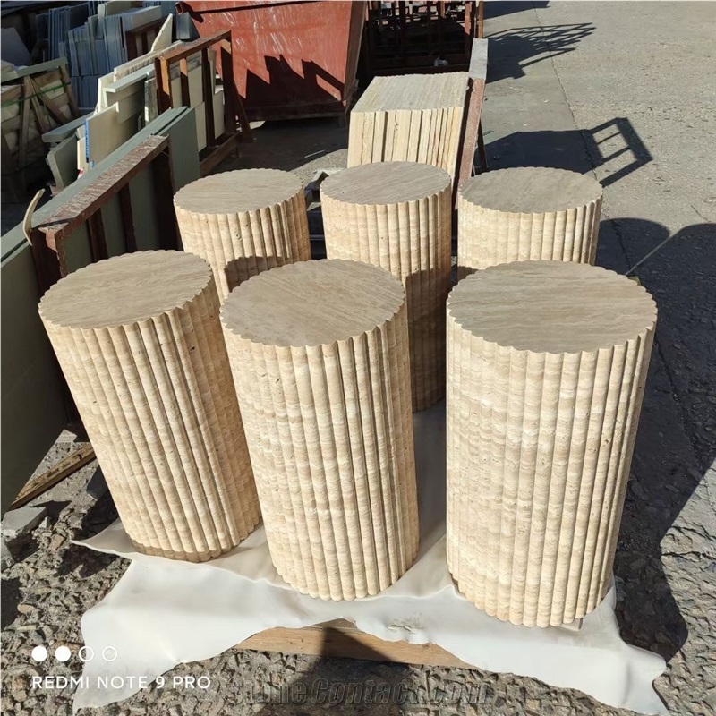 Cava Fluted Round Beige Travertine Drum Side Table