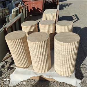 Cava Fluted Round Beige Travertine Drum Side Table