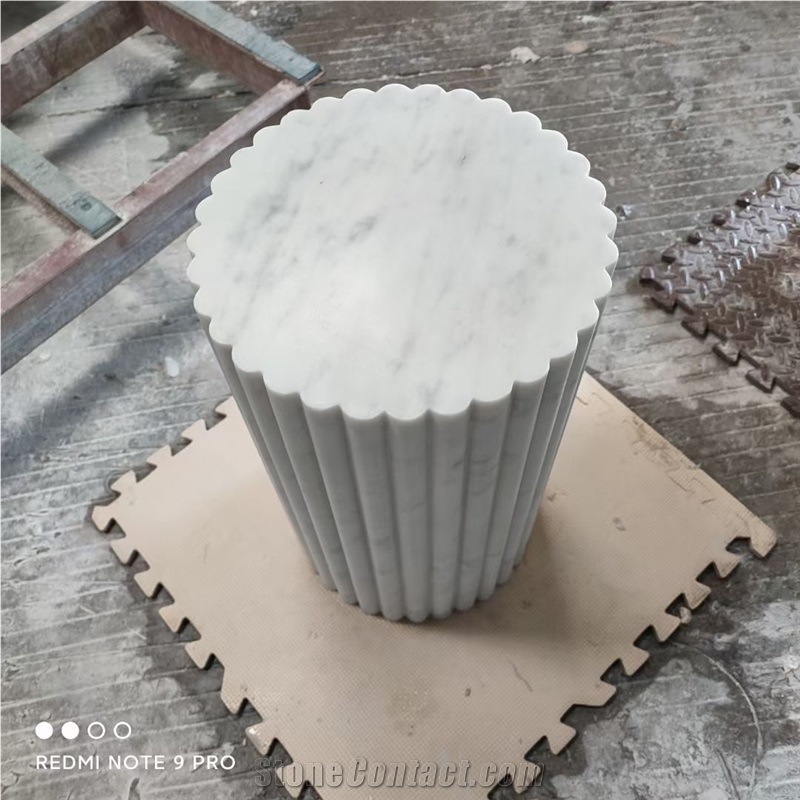 Cava Fluted Round Beige Travertine Drum Side Table