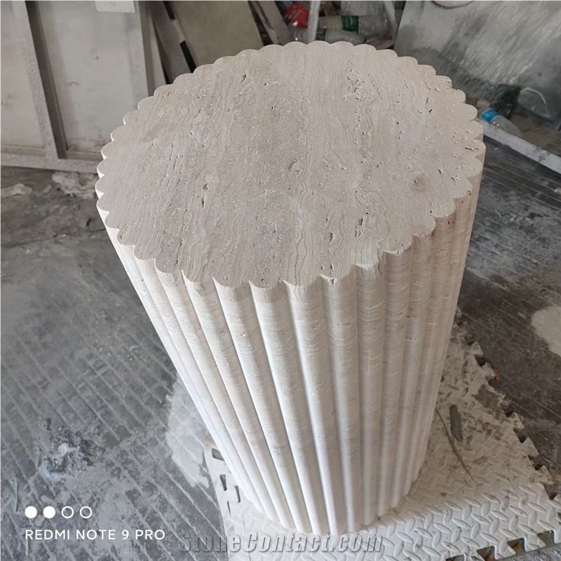 Cava Fluted Round Beige Travertine Drum Side Table