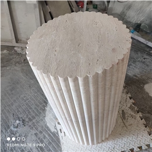 Cava Fluted Round Beige Travertine Drum Side Table