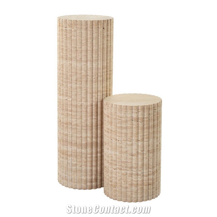 Cava Fluted Round Beige Travertine Drum Side Table