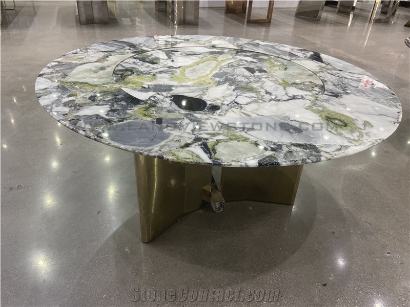 Ice Jade Marble Dining Table Top With Turntable