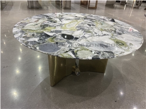 Ice Jade Marble Dining Table Top With Turntable