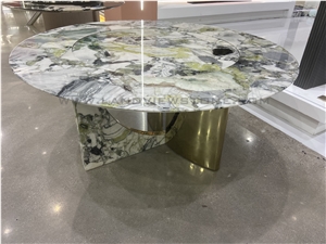 Ice Jade Marble Dining Table Top With Turntable
