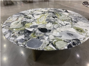 Ice Jade Marble Dining Table Top With Turntable