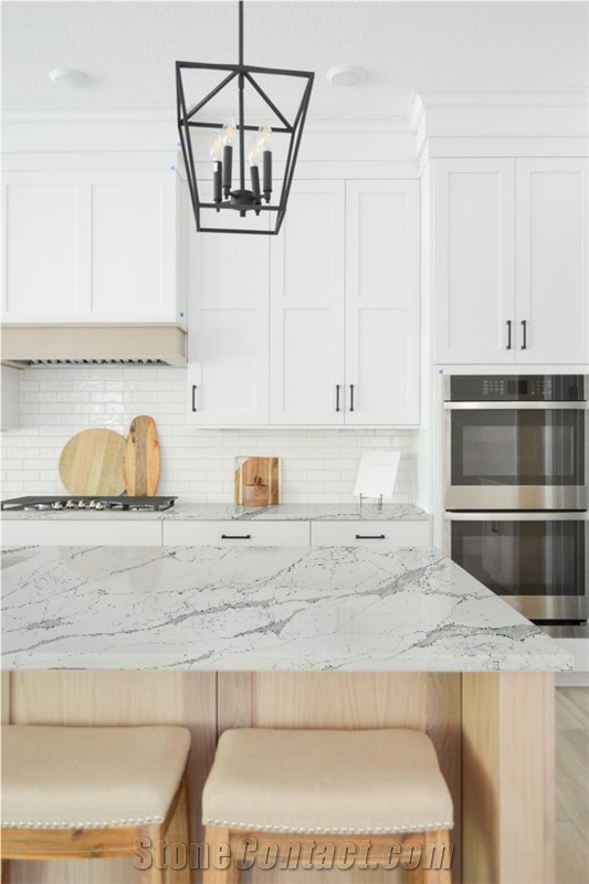 Polished 6021 Glacier Quartz Slabs For Kitchen Design