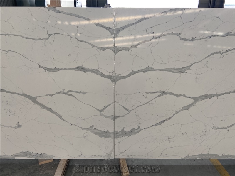 Polished 6021 Glacier Quartz Slabs For Kitchen Design