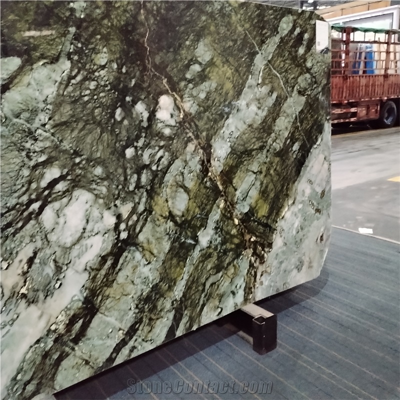 Multicolor Dark Green Spring Wave Marble Slabs For Villa