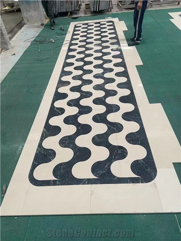 Crema Marfil With Green Marble Floor Waterjet Medallions