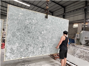 Backlight White Crystal Quartz Gem Stone Slab, Semiprecious Luxury Slabs