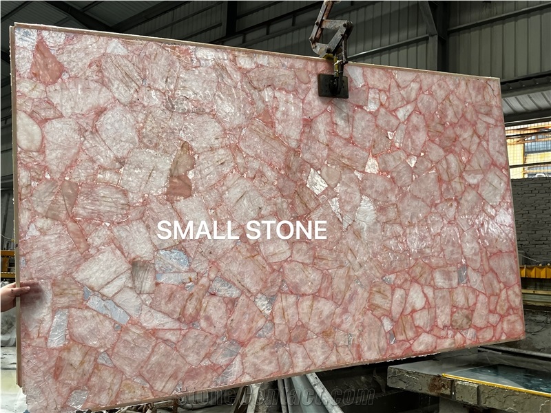 Transparent Whole Pink Crystal Quartz Semiprecious Stone Slab, Backlit Gemstone