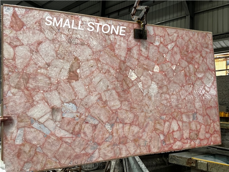 Transparent Whole Pink Crystal Quartz Semiprecious Stone Slab, Backlit Gemstone