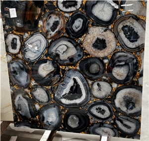 Backlit Semiprecious Stone Slab, Black Agate Slab And Tiles