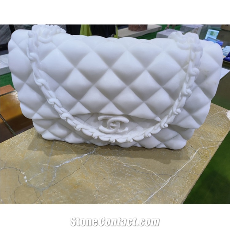 White Marble Carved Flap Bag Sculpture