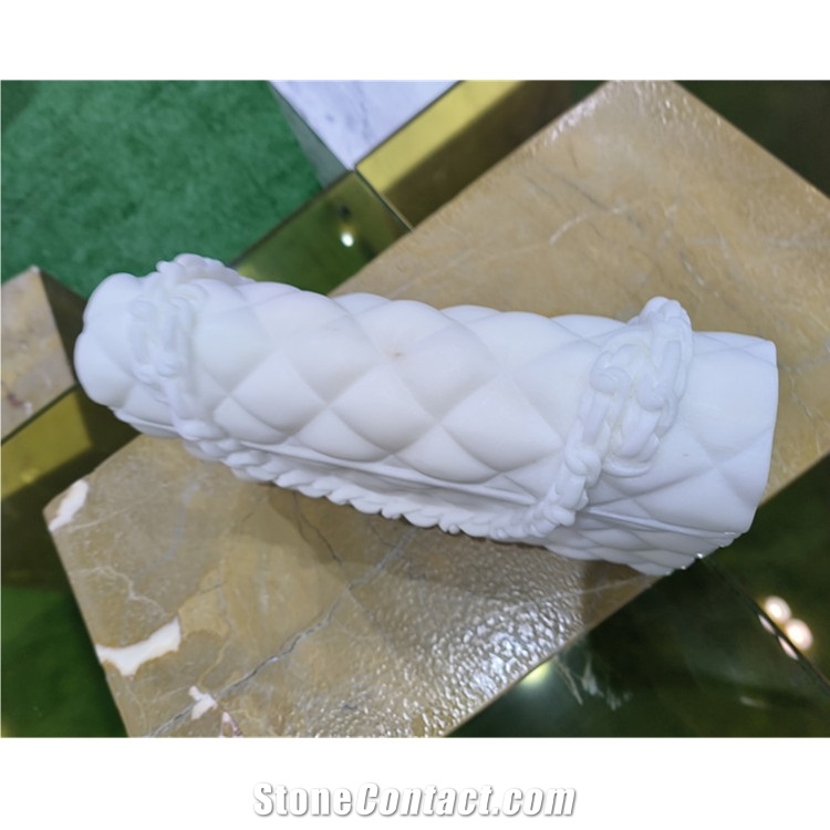 White Marble Carved Flap Bag Sculpture