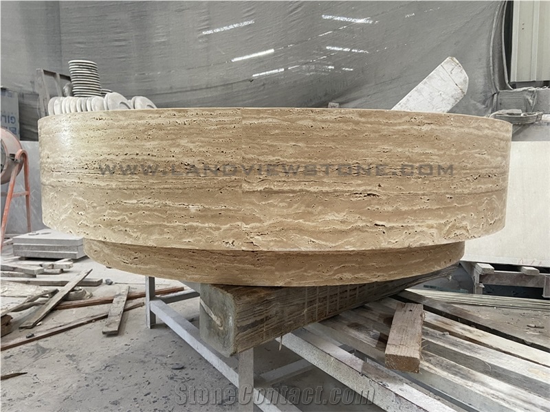 Beige Travertine Big Round Drum Coffee Table