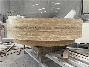 Beige Travertine Big Round Drum Coffee Table