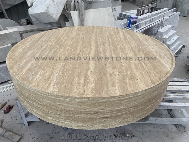 Beige Travertine Big Round Drum Coffee Table