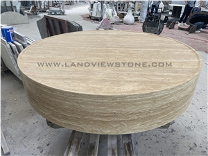 Beige Travertine Big Round Drum Coffee Table