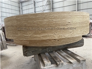 Beige Travertine Big Round Drum Coffee Table