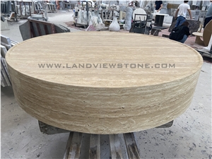 Beige Travertine Big Round Drum Coffee Table