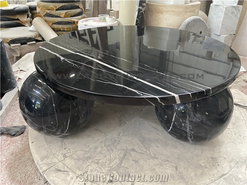 Black Marquina Marble Coffee Table With 3-Sphere Base