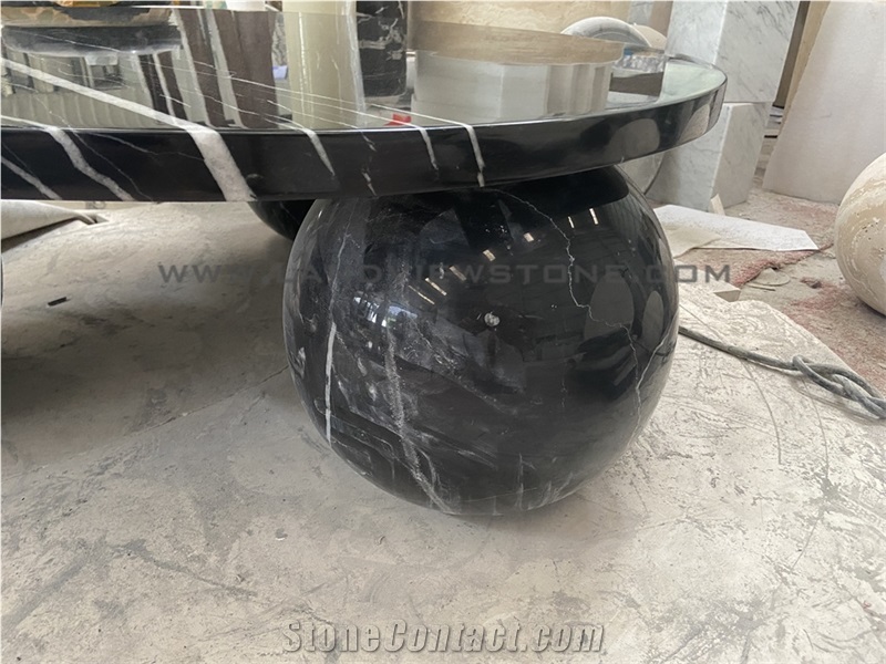 Black Marquina Marble Coffee Table With 3-Sphere Base