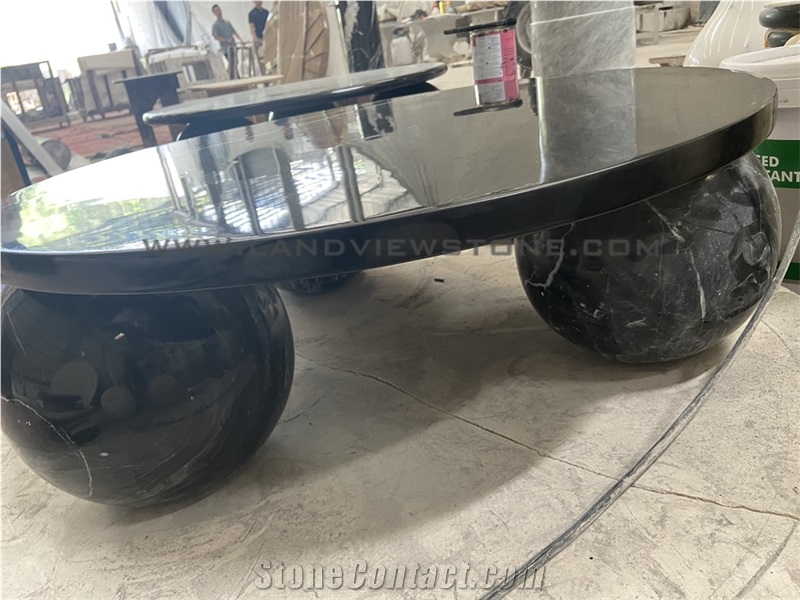 Black Marquina Marble Coffee Table With 3-Sphere Base