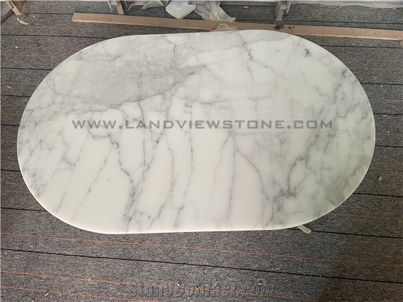 Carrara White Marble Oval Coffee Table With Angled Base