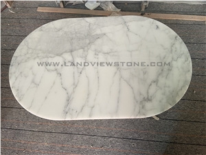 Carrara White Marble Oval Coffee Table With Angled Base