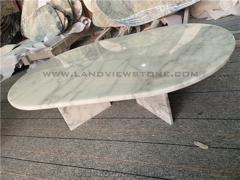 Carrara White Marble Oval Coffee Table With Angled Base