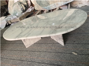 Carrara White Marble Oval Coffee Table With Angled Base