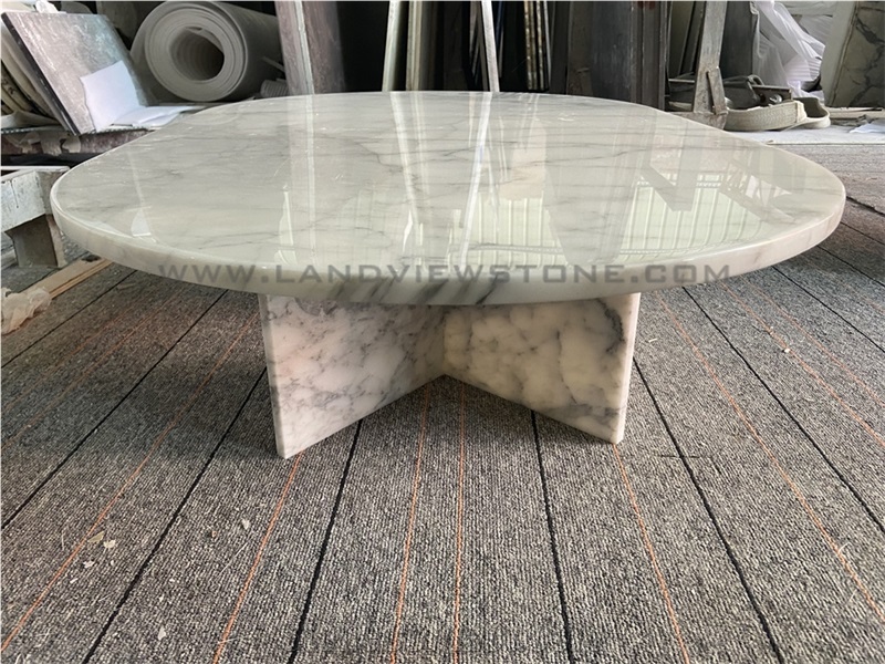 Carrara White Marble Oval Coffee Table With Angled Base