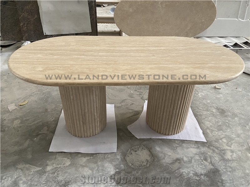 Cava Fluted Oval Turkey Beige Travertine Dining Table
