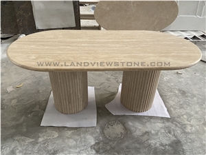 Cava Fluted Oval Turkey Beige Travertine Dining Table