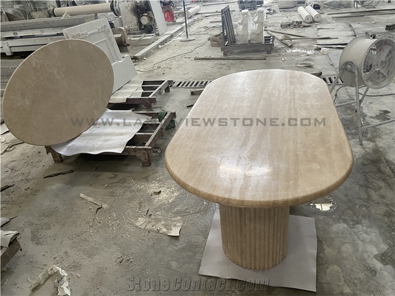 Cava Fluted Oval Turkey Beige Travertine Dining Table