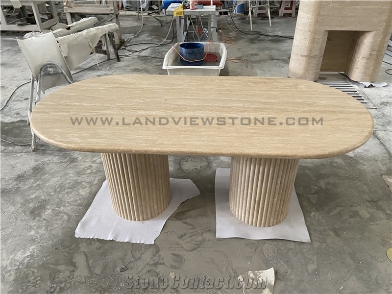 Cava Fluted Oval Turkey Beige Travertine Dining Table
