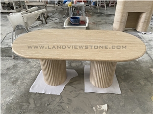Cava Fluted Oval Turkey Beige Travertine Dining Table